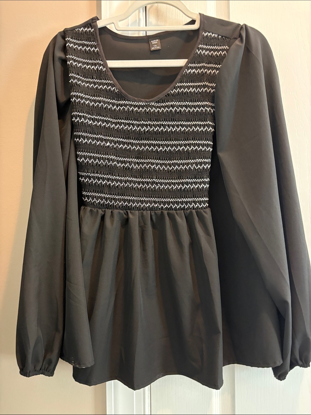 Black Smocked Long-Sleeve Women's Blouse